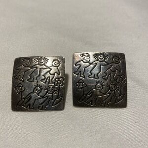 Sterling Silver Squared Earrings with Kids drawing design